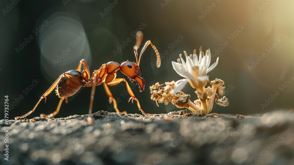 A high resolution closeup of an ant carrying a small piece of food, showcasing its segmented body and mandibles A high resolution closeup of an ant carrying a small piece of food, showcasing its segmented body and mandibles
