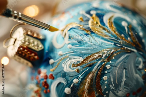 An artist carefully paints intricate details onto a blue Christmas ornament with a small brush, adding gold accents for a festive look