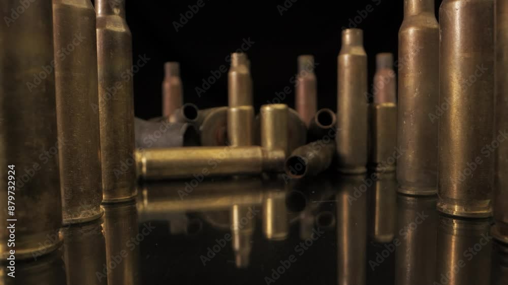 Brass cartridge cases standing on a black mirror surface Brass cartridge cases standing on a black mirror surface