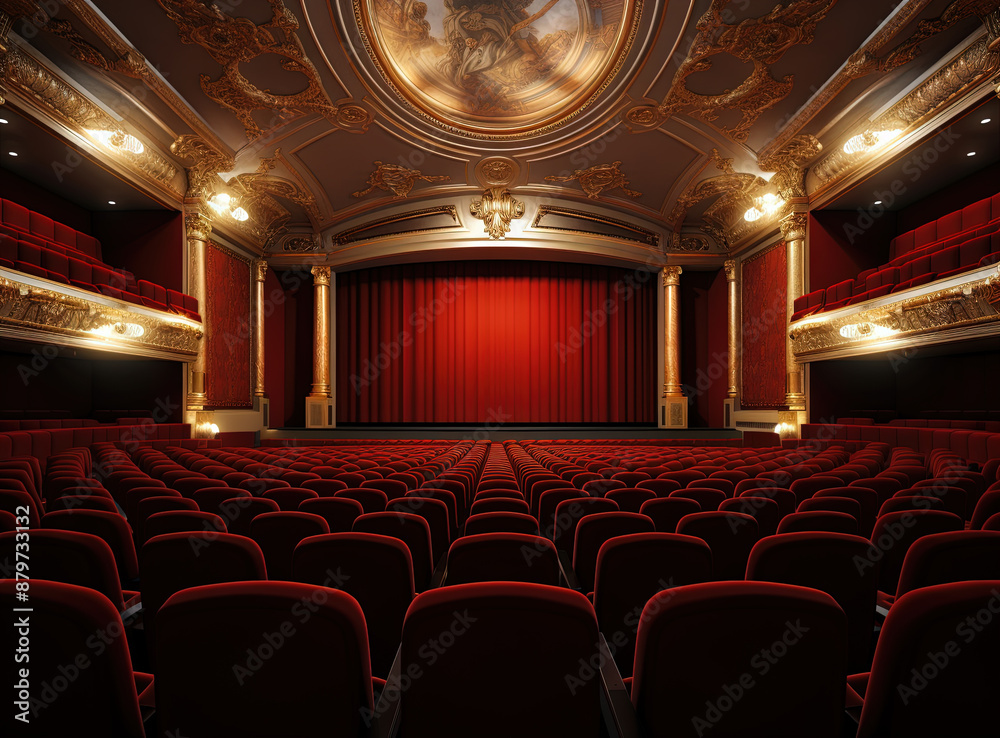 Fototapeta premium Theatre interior with seats and red drapery. Movie theater room with chairs.