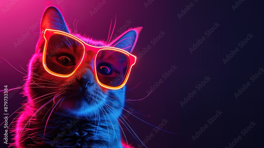 neon light cat in sunglass shade glasses isolated on black with copy space neon light cat in sunglass shade glasses isolated on black with copy space
