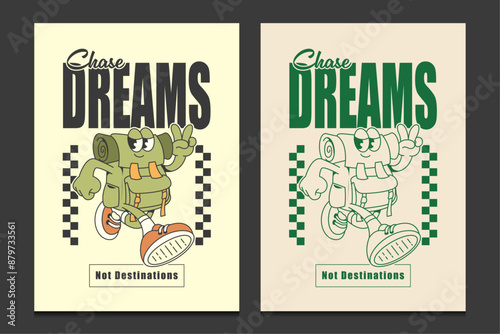 retro 70s poster or graphic t-shirt design with a cartoon character of a running backpack, vector illustration