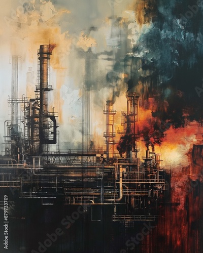 Abstract industrial artwork featuring oil and gas refinery with dramatic colors and smoky atmosphere, capturing the intensity of industry.