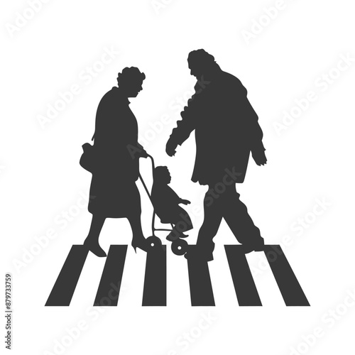 Silhouette Family Crossing: Grandparents, Toddler, Crosswalk
