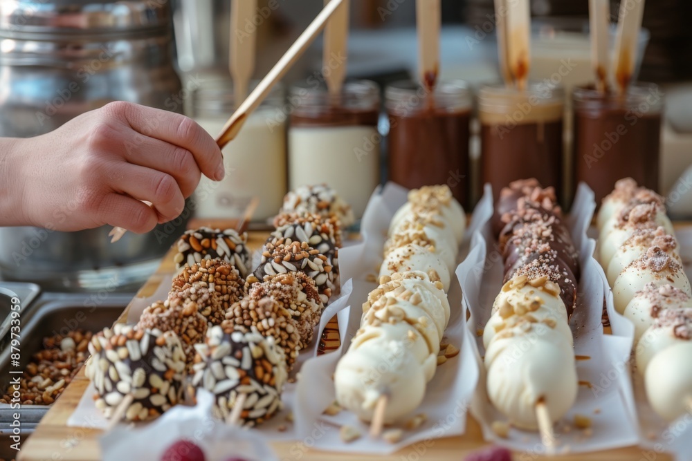 A person adds toppings to ice cream on skewers in a shop A person adds toppings to ice cream on skewers in a shop