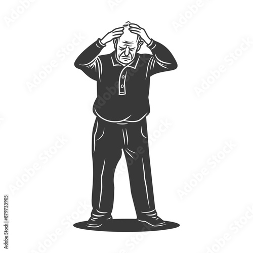 Vintage Illustration: Elderly Man in Distress, Hands on Head