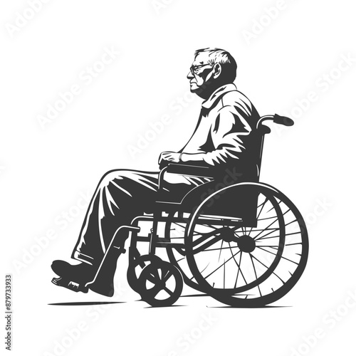 Monochrome Illustration: Elderly Man in Wheelchair, Profile View