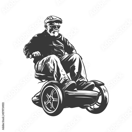 Stylish Senior Man on Modern Self-Balancing Scooter, Monochrome Illustration