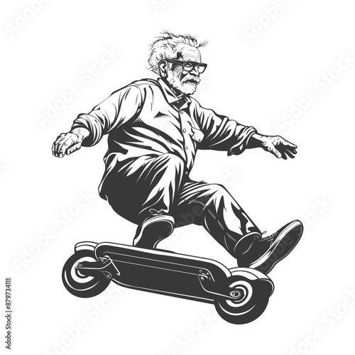 Elderly Gentleman on Electric Skateboard, Vintage Ink Sketch Illustration