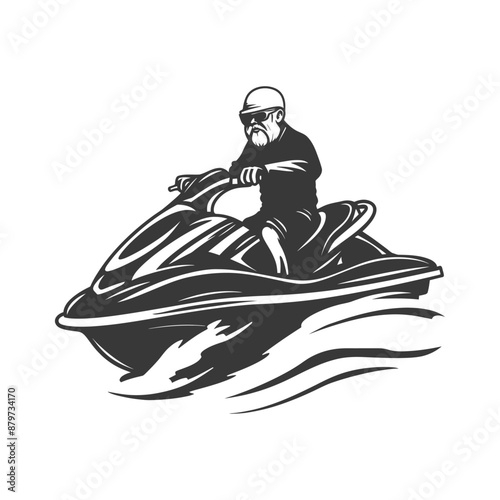 Vintage Illustration: Bearded Senior Man on Jet Ski