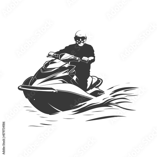 Vintage Style Illustration: Senior Man on Jet Ski, Monochrome