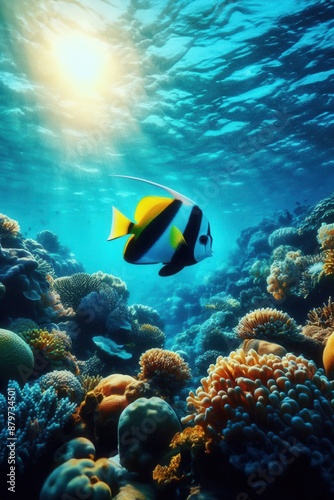 In the depths of tropical ocean waters, a Moorish idol fish (Zanclus cornutus) glides gracefully among colorful coral reefs