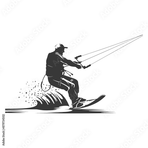 Monochrome Kiteboarding Silhouette: Dynamic Action & Spray