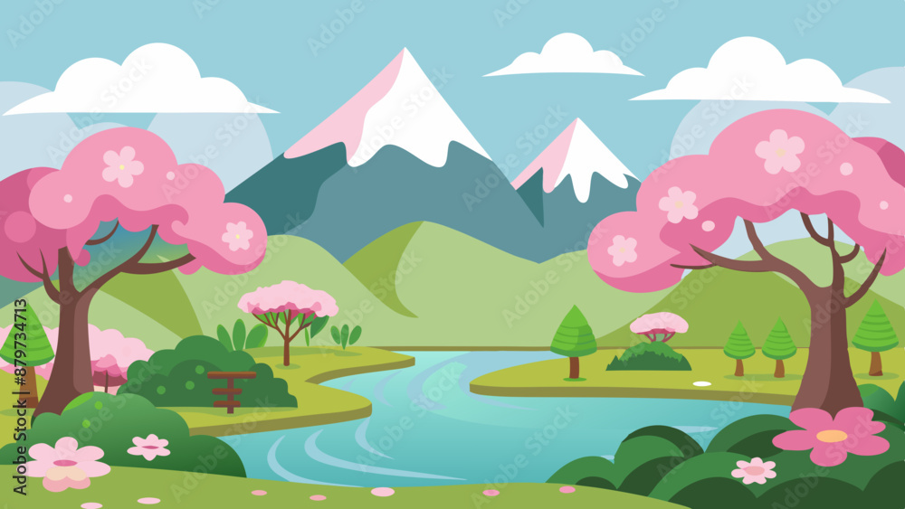 Obraz premium A pink blossom forest with a pond, cherry trees, mountains, and a Japanese garden with a lake, sakura, and rock cartoon background 