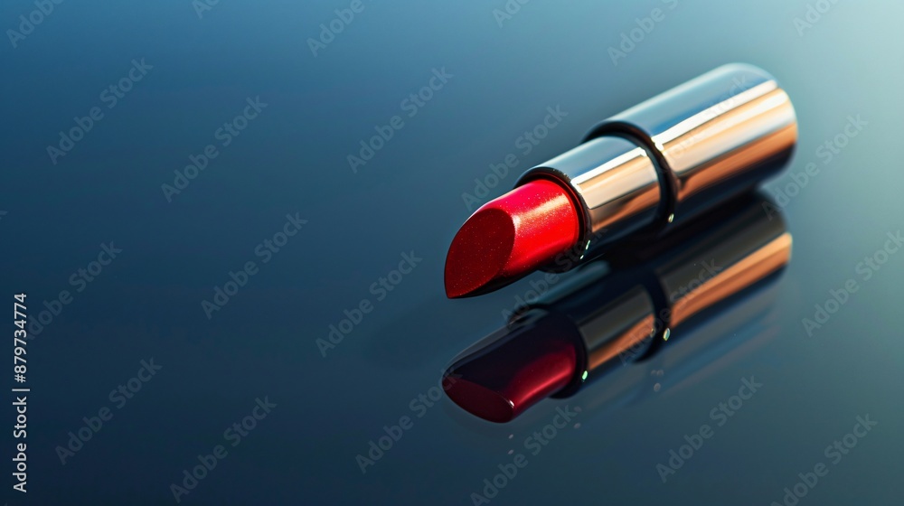 A single, sleek red lipstick placed elegantly on a plain surface, with gentle reflections A single, sleek red lipstick placed elegantly on a plain surface, with gentle reflections