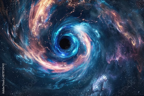 Rotating black hole in deep space, colourful swirl of nebulae, galaxies and stars. Scientific space concept of Universe