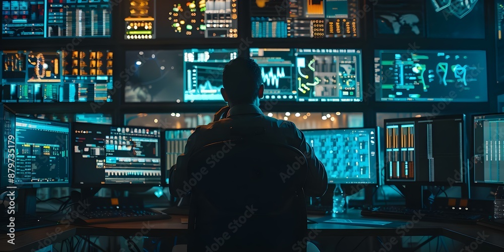 IT engineer monitoring data in a control room with multiple screens. Concept Control Room Monitoring, IT Engineer, Data Analysis, Technology, Multi-Screen Display IT engineer monitoring data in a control room with multiple screens. Concept Control Room Monitoring, IT Engineer, Data Analysis, Technology, Multi-Screen Display