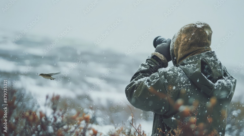 A bird watcher observes migratory patterns and nesting behaviors of birds during bad weather, A bird watcher observes migratory patterns and nesting behaviors of birds during bad weather,