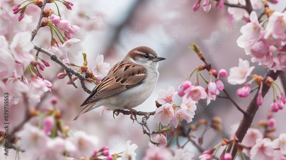 A birdwatcher observes migrating birds resting among cherry blossom branches, A birdwatcher observes migrating birds resting among cherry blossom branches,