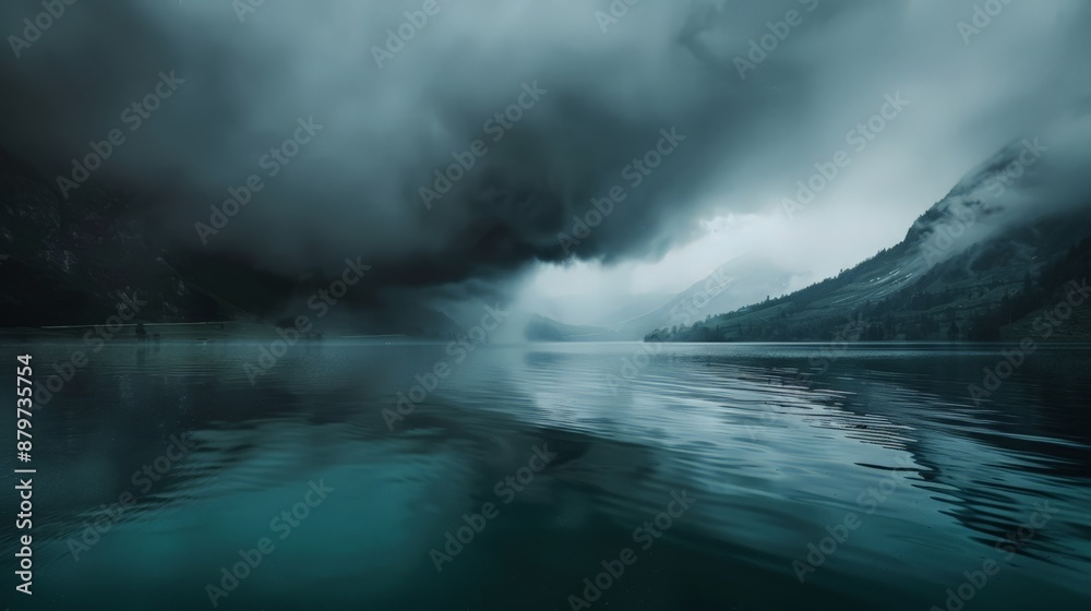 Fototapeta premium A black cloud drifts over a serene lake, its reflection darkening the water's surface.