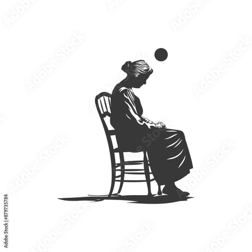 Pensive Woman in Vintage Chair, Minimalist Black and White Illustration