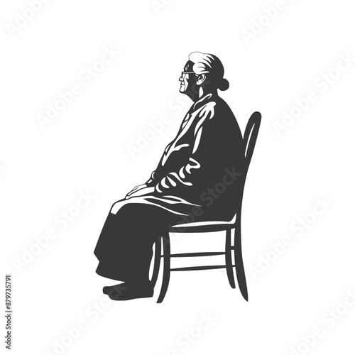 Elderly Woman in Profile, Seated, Monochrome Line Art Illustration