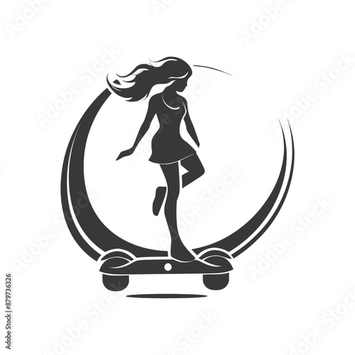 minimalist logo or symbol for girl riding hoverboard black color only