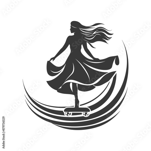 minimalist logo or symbol for girl riding hoverboard black color only