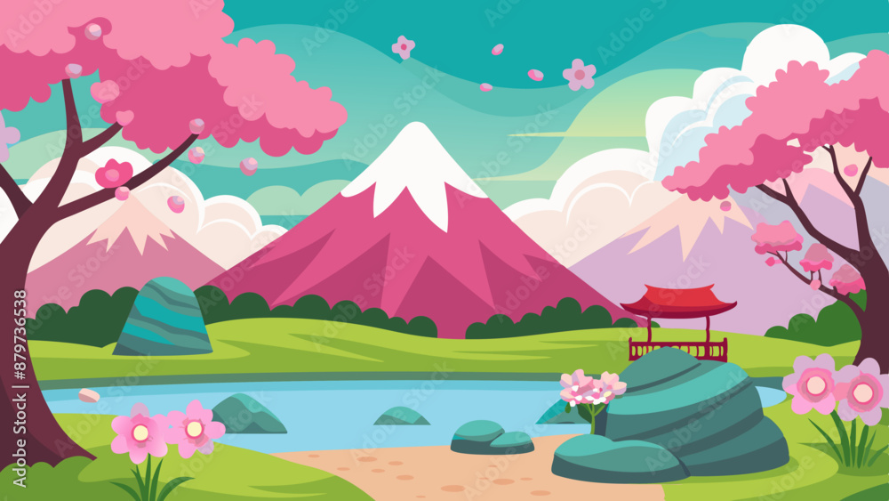 Fototapeta premium A pink blossom forest with a pond, cherry trees, mountains, and a Japanese garden with a lake, sakura, and rock cartoon background 