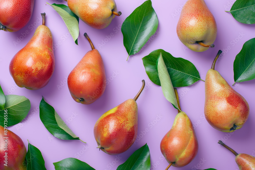 Fresh Ripe Pears with Green Leaves on Pastel Purple Background