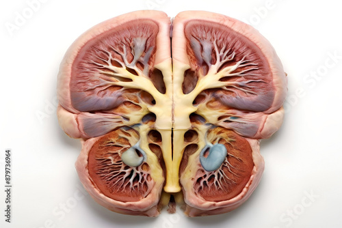 Displayed are a pair of kidneys, responsible for filtering waste products from the blood and producing urine