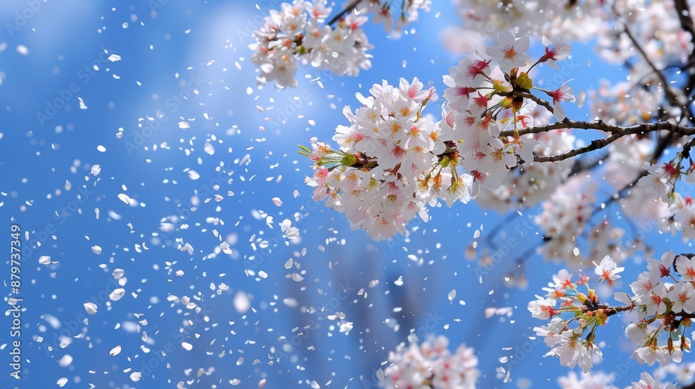 A blooming cherry blossom tree showers petals against a clear blue sky, capturing the essence of springtime. A blooming cherry blossom tree showers petals against a clear blue sky, capturing the essence of springtime.