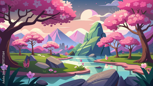 A pink blossom forest with a pond, cherry trees, mountains, and a Japanese garden with a lake, sakura, and rock cartoon background
