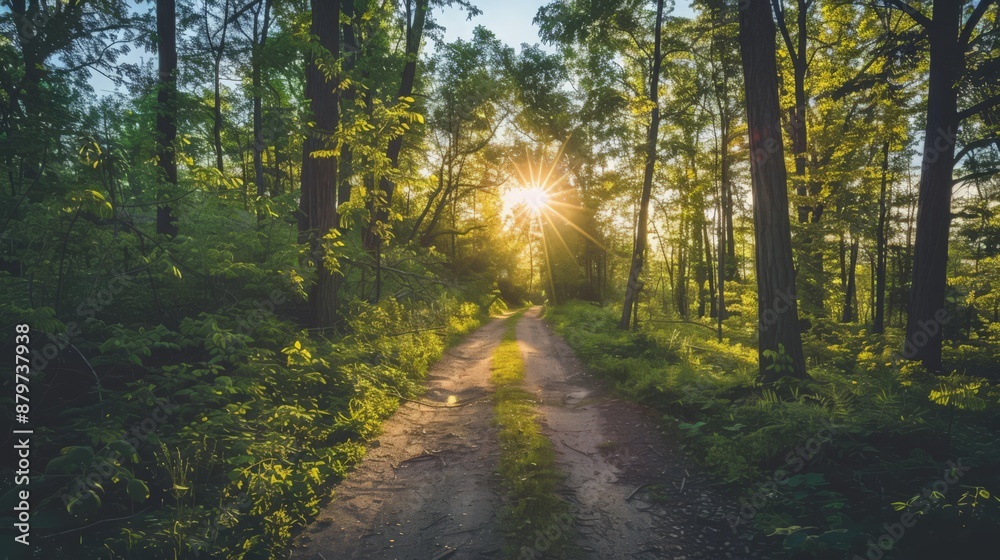 A bright, sunny sky over a quiet forest trail creates a perfect day for a hike, with sunlight filtering through the trees A bright, sunny sky over a quiet forest trail creates a perfect day for a hike, with sunlight filtering through the trees