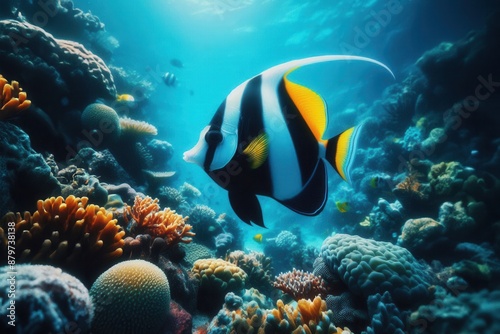 In the depths of tropical ocean waters, a Moorish idol fish (Zanclus cornutus) glides gracefully among colorful coral reefs