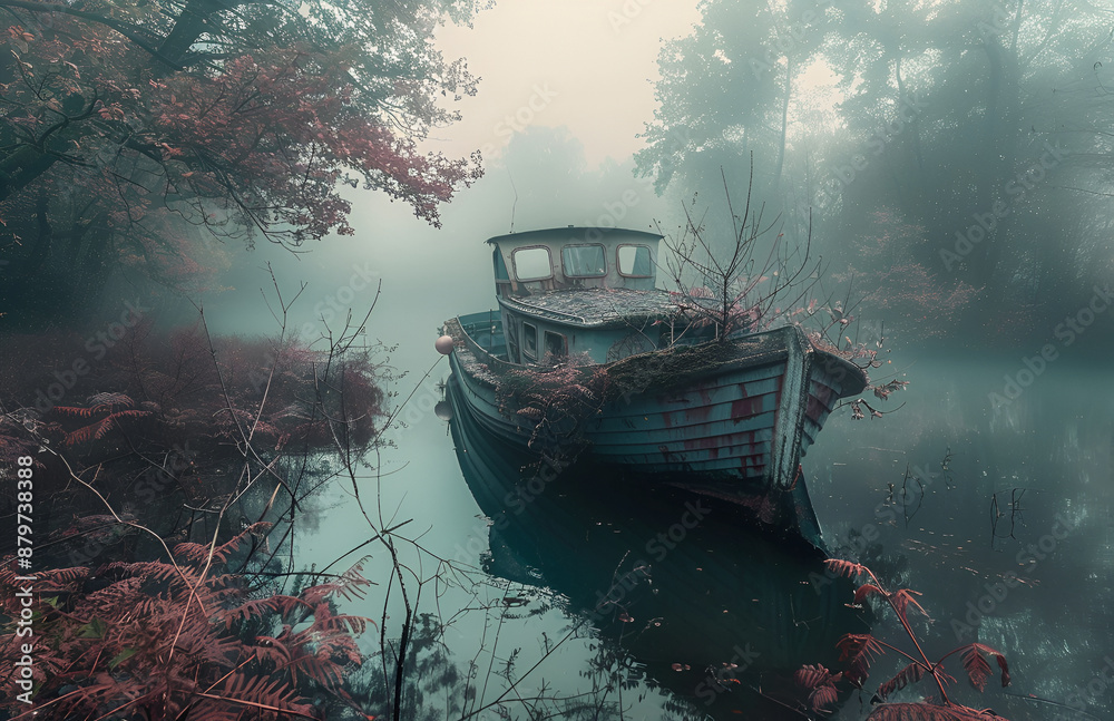 Foggy autumn landscape with old boat in foggy lake. Foggy autumn landscape with old boat in foggy lake.
