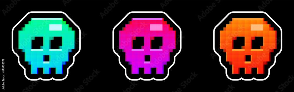 Obraz premium Set of vector pixelated skulls. Glitch effect, 8 bit retro game style icons, stickers. Blue, purple, orange gradient