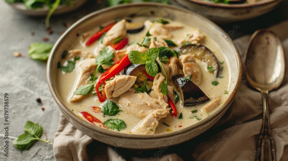 Thai green curry with chicken, eggplant, and bamboo shoots, in a creamy coconut milk sauce. Thai green curry with chicken, eggplant, and bamboo shoots, in a creamy coconut milk sauce.