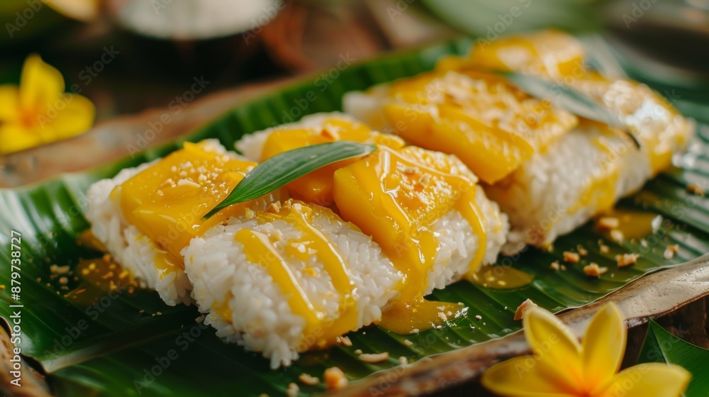 Thai mango sticky rice dessert with sweet coconut milk drizzle, served on a banana leaf. Thai mango sticky rice dessert with sweet coconut milk drizzle, served on a banana leaf.