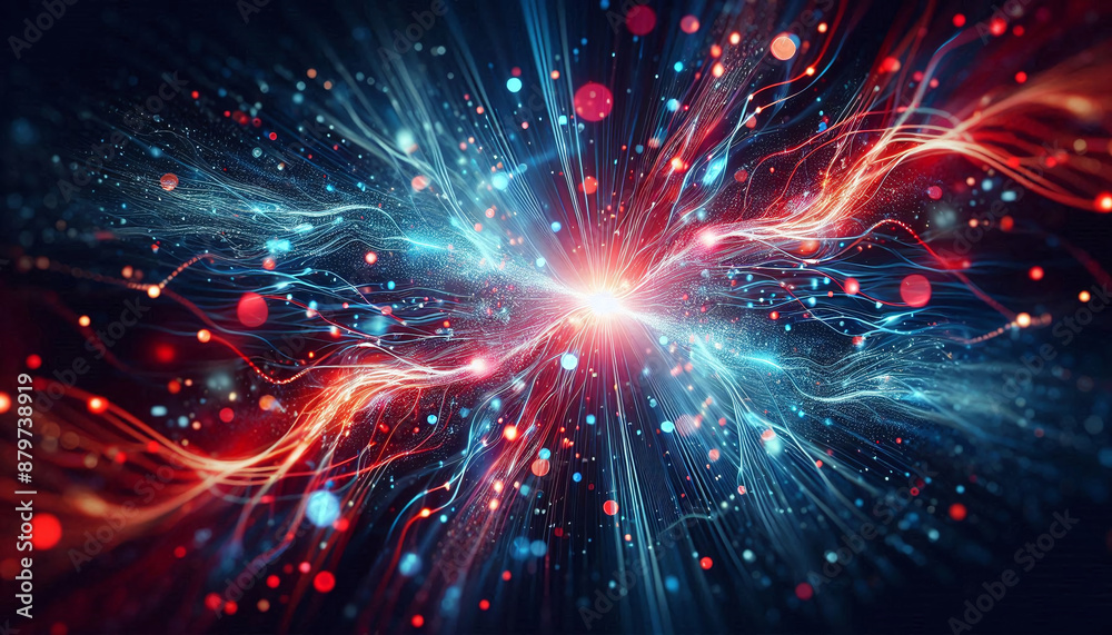 Abstract light burst with red and blue glowing particles Abstract light burst with red and blue glowing particles
