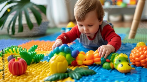 Toddler exploring sensory toys with different textures and colors on a play mat.