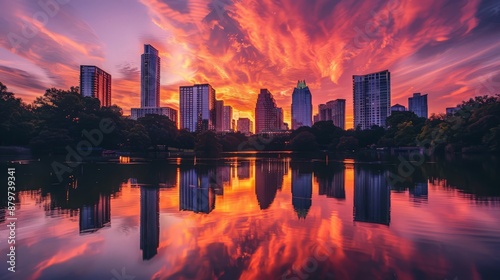 A city skyline at sunset, with skyscrapers silhouetted against a fiery orange and pink sky,