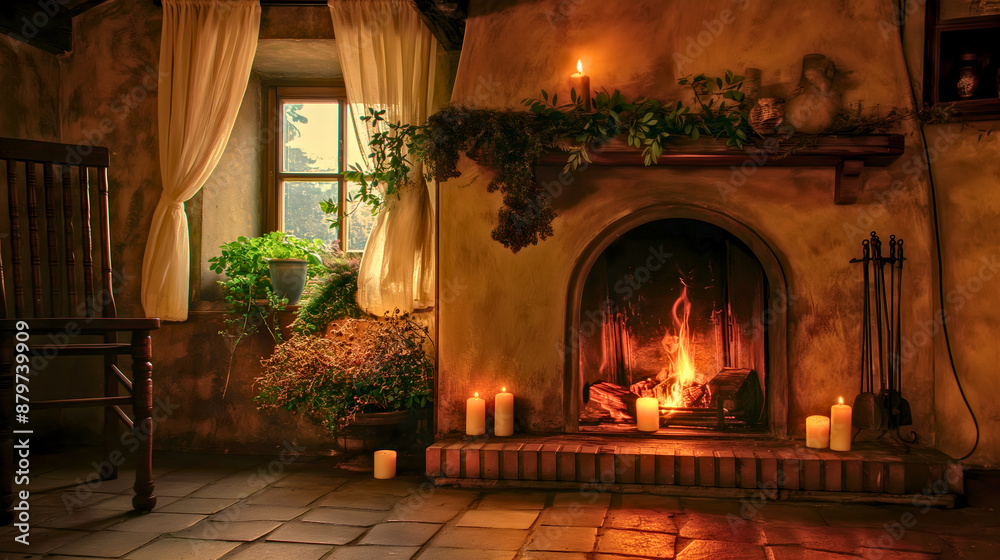 Fireplace in the living room, antique style, with a sofa and a rocking chair. Fireplace in the living room, antique style, with a sofa and a rocking chair.