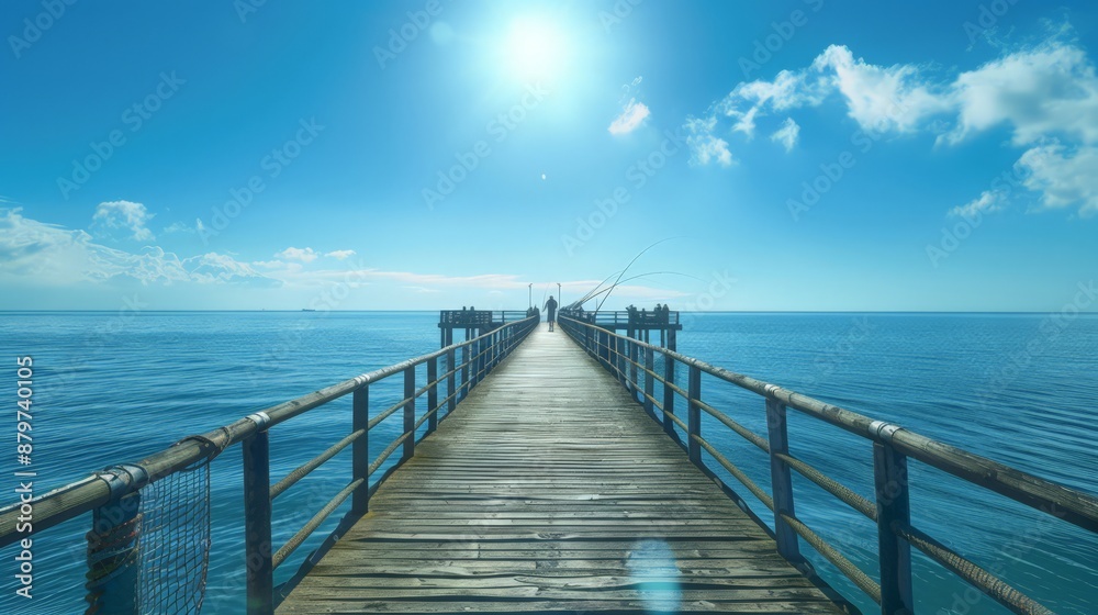 A coastal pier stretching into the ocean, lined with fishermen casting lines into the deep blue water under the warm summer sun. A coastal pier stretching into the ocean, lined with fishermen casting lines into the deep blue water under the warm summer sun.