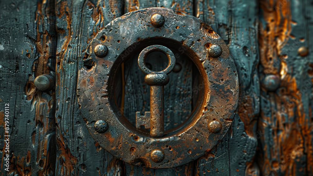 Old Key Hidden by Ivy and Door Old Key Hidden by Ivy and Door