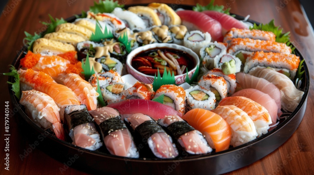 Traditional Japanese sushi platter with assorted rolls, sashimi, and soy sauce dipping bowls. Traditional Japanese sushi platter with assorted rolls, sashimi, and soy sauce dipping bowls.