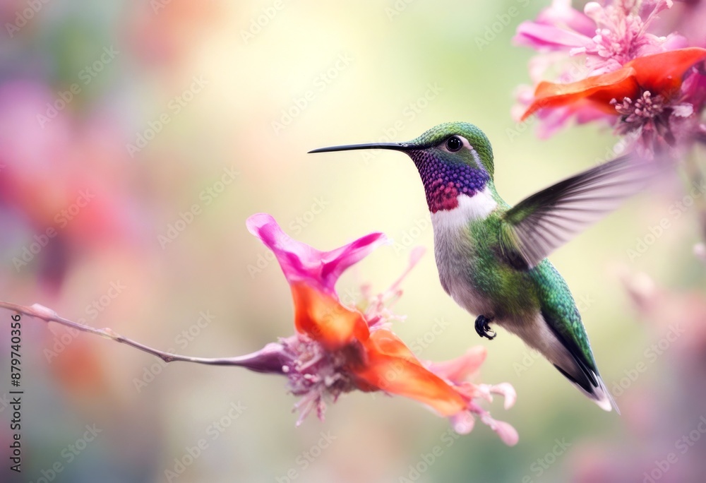Fototapeta premium nature watercolor flora animal bird flowers digital painting illustration wildlife hummingbird flower