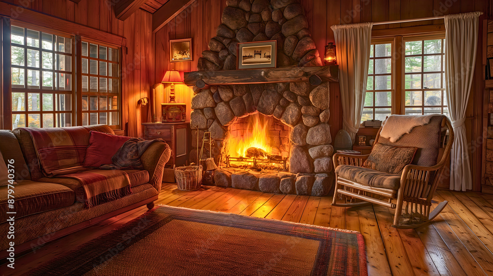 A stone fireplace with a fire burning inside fueled by logs, in the living room.