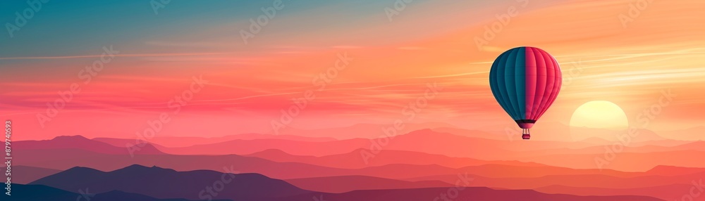 Fototapeta premium Hot air balloon ride at sunrise, emotional journey, flat design illustration