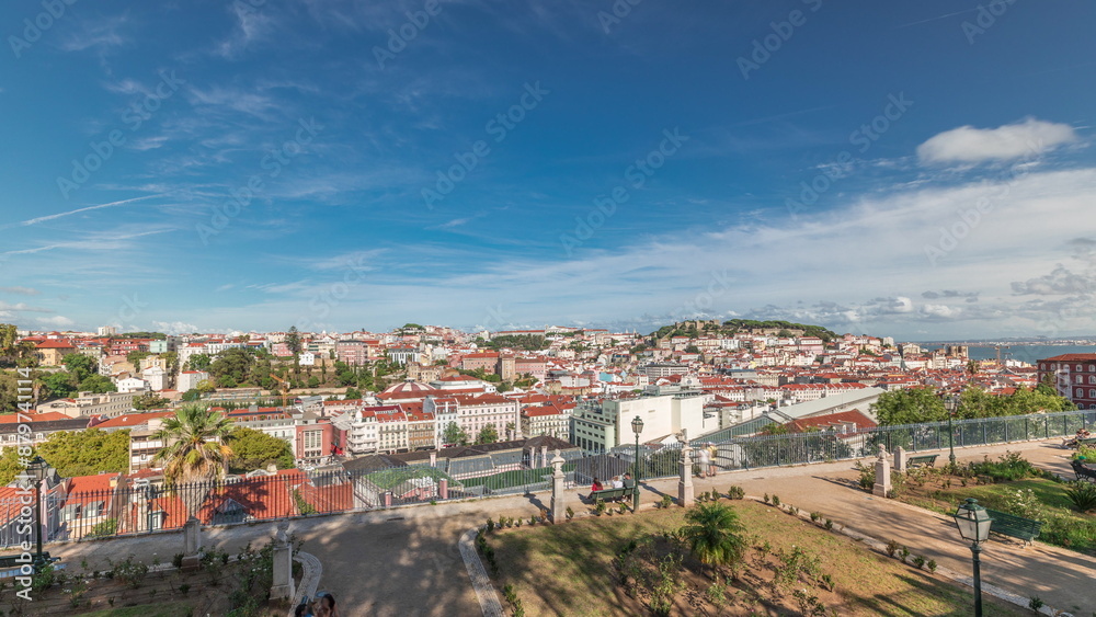 Panorama showing aerial view over the center of Lisbon timelapse from Miradouro de Sao Pedro de Alcantara Panorama showing aerial view over the center of Lisbon timelapse from Miradouro de Sao Pedro de Alcantara